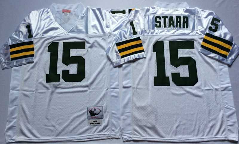 Packers 15 Bart Starr White M&N Throwback Jersey->nfl m&n throwback->NFL Jersey